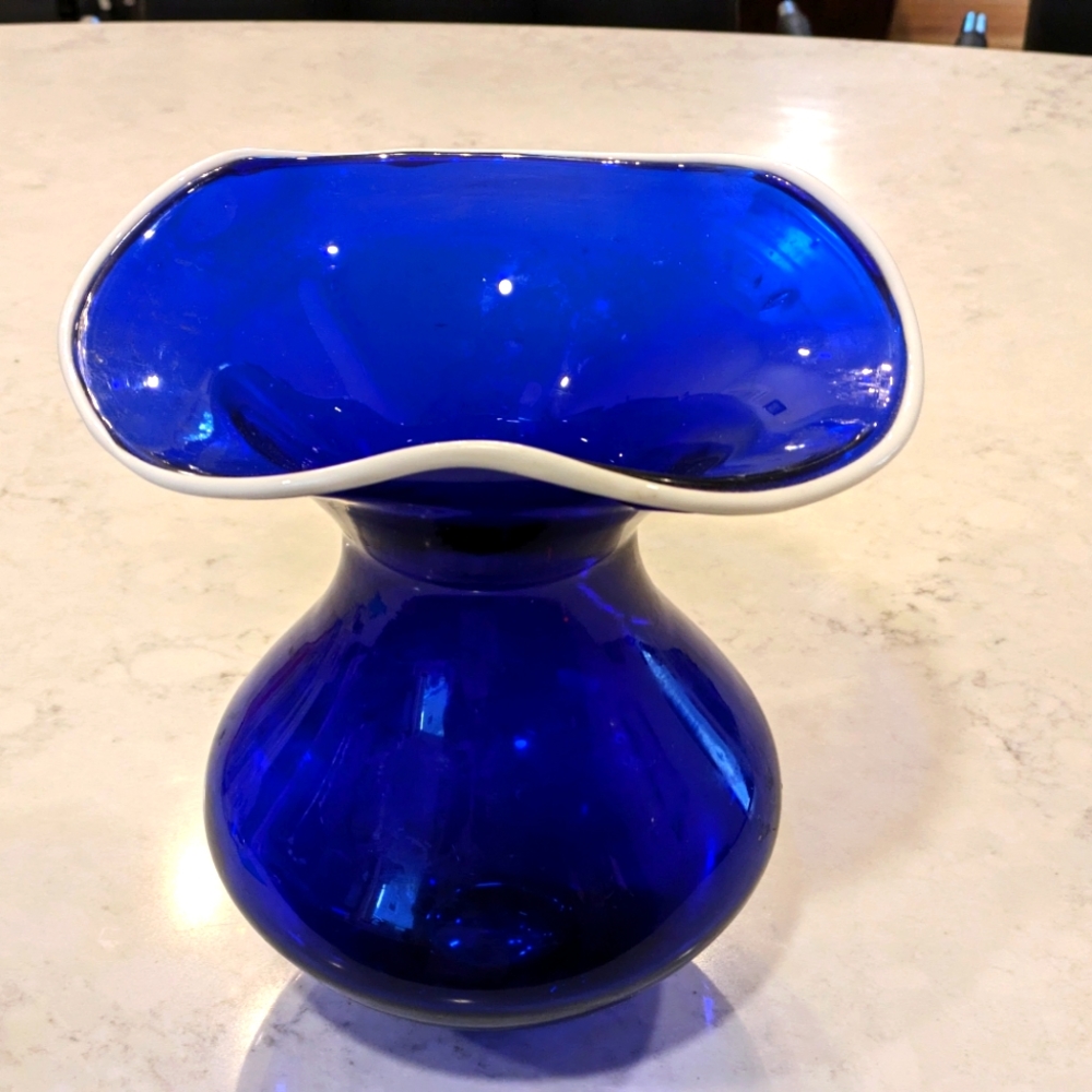 Unmarked Cobalt Flowers Vase H 9.5" x 8.5" D Used